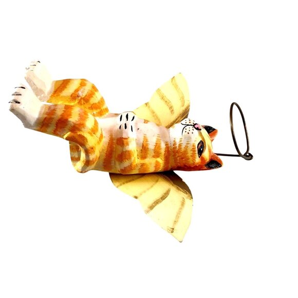 Folk Art Handcrafted Angel Cat Shelf Sitter Yellow & White With Wings 6x5.5" - Picture 11 of 13